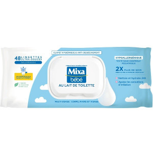 Lingettes Corps Mains et Visage au Lait de Toilette Hypoallergénique Mixa Bébé